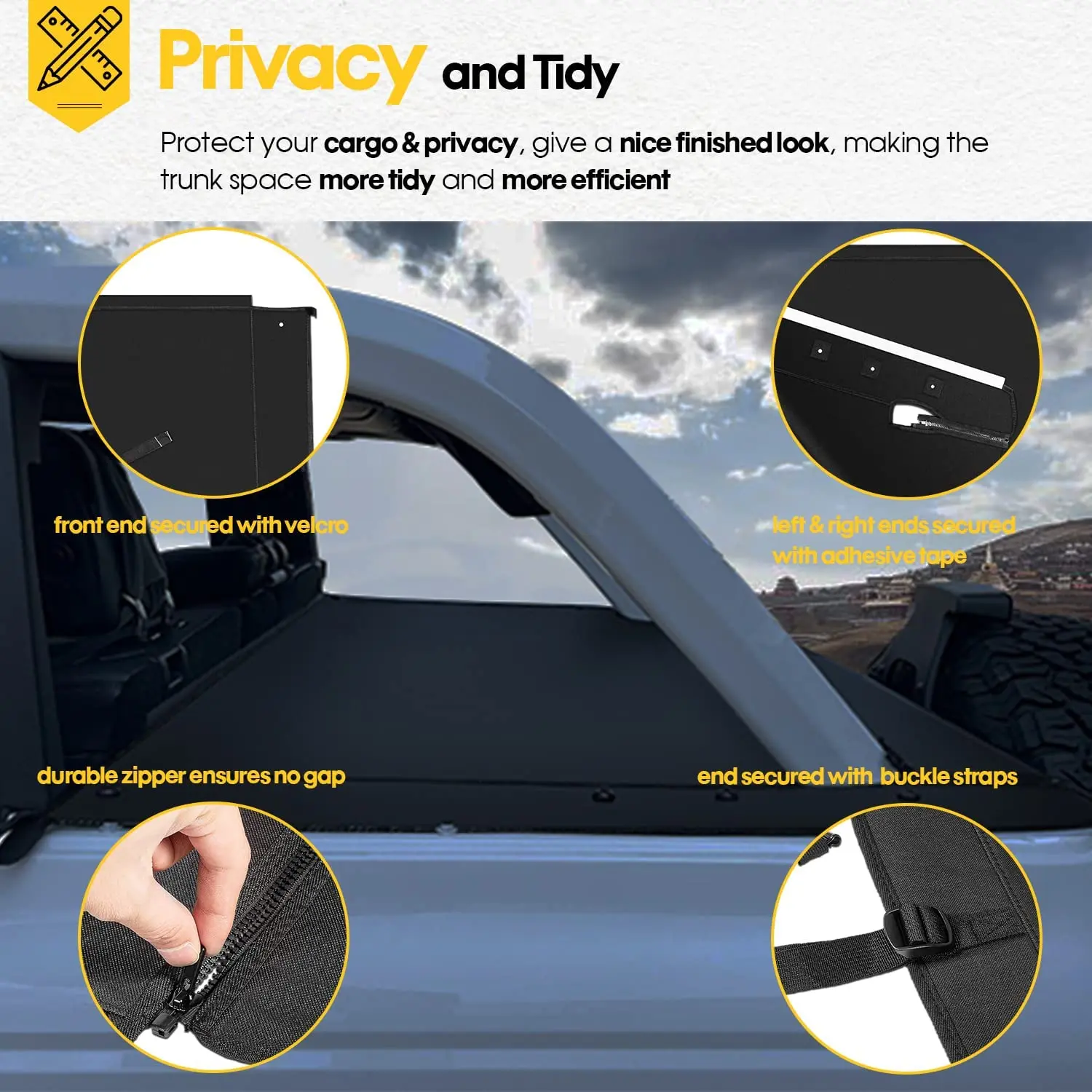 Car Cargo Cover for Ford Bronco Rear Trunk Sunshade Security Shade Shield Anti-Peeping Luggage Privacy Screen 4-Door