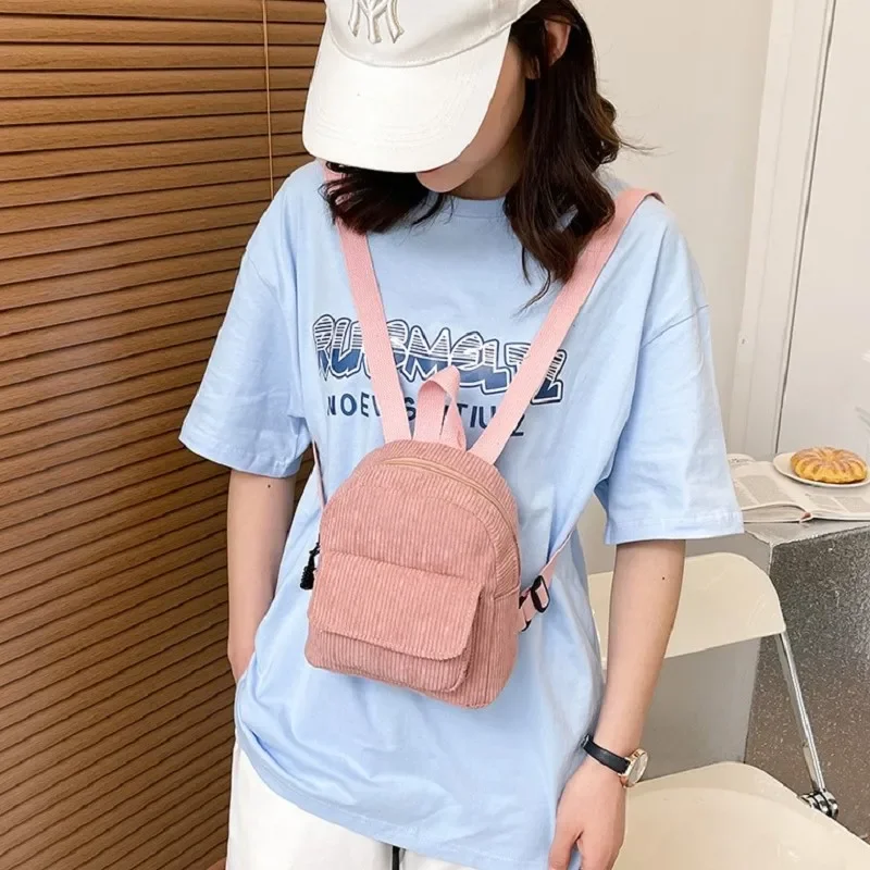 

Fashion Women Mini Backpack Solid Color Corduroy Small Backpacks Simple Casual Student Bookbags Traveling Backpacks