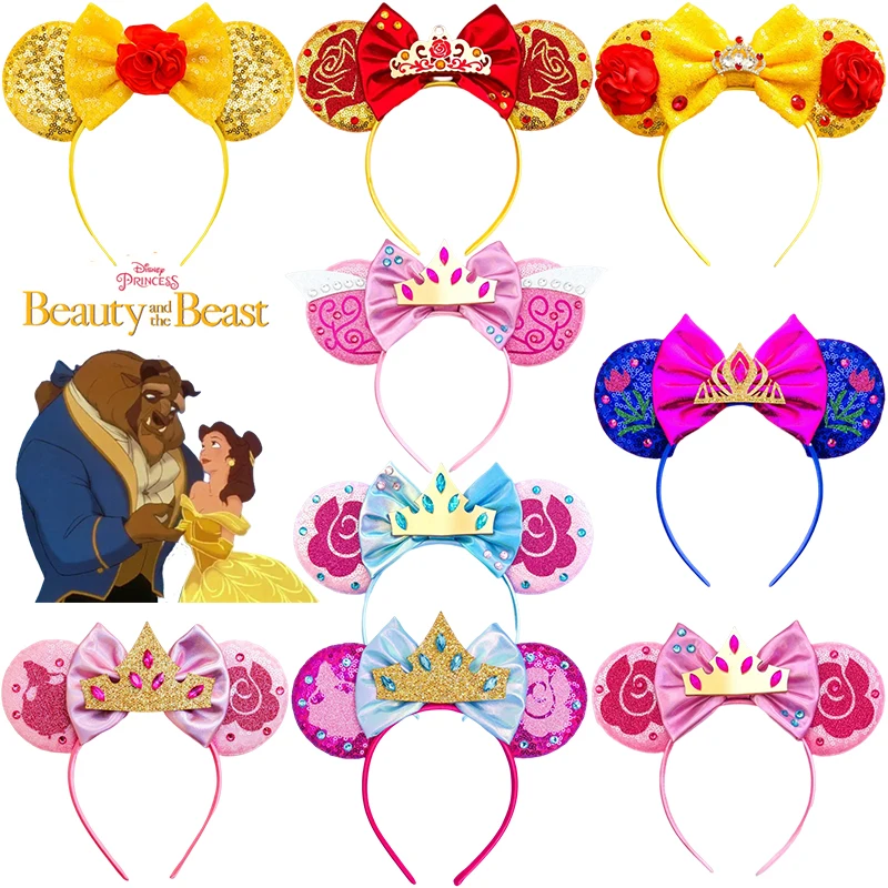 Disney Beauty and the Beast Hair Accessories Women Enchanted Rose Ears Headband Girls Belle Princess Crown Bow Hairband Kid Gift