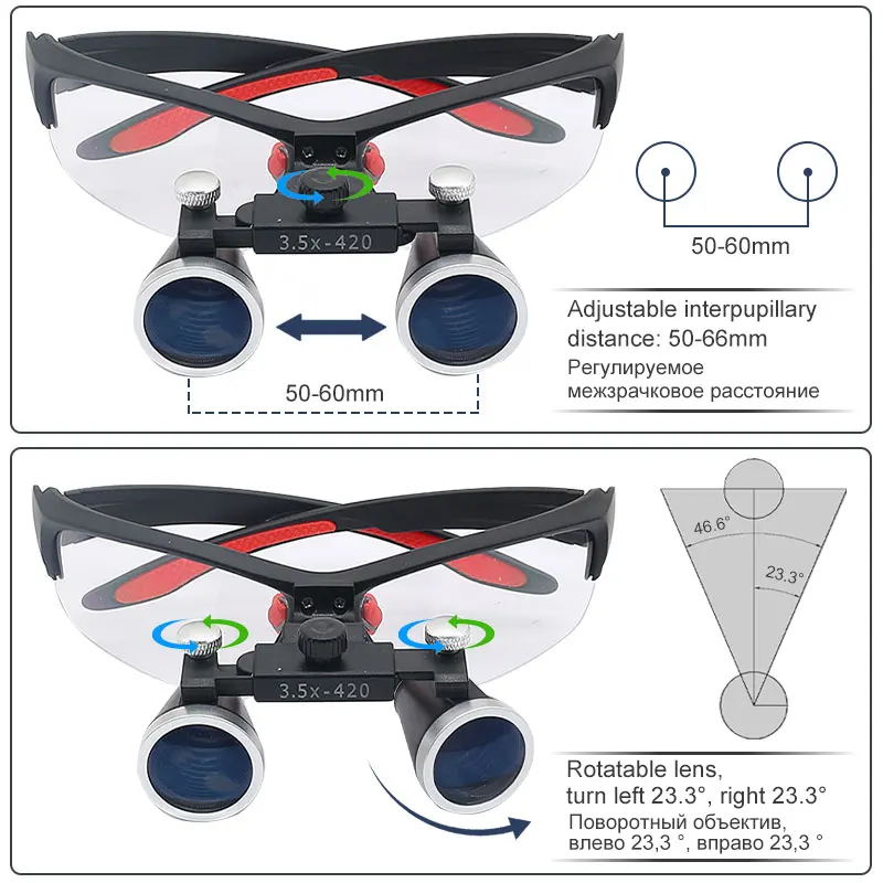 2.5X/3.5X 420 mm Dental Loupe Magnifier Binocular Magnifier Surgery Surgical Operation Loupe with Spotlight Head Light