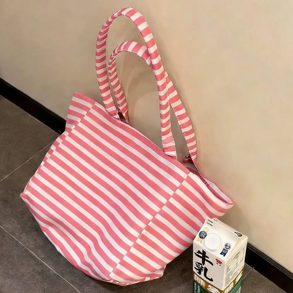 1 Stück Langlebige Große Canvas-Schultertasche Gestreifte Einfache Handtasche mit Obergriff Reise-Freizeittasche Gestreifte Tragetasche – Detail 6