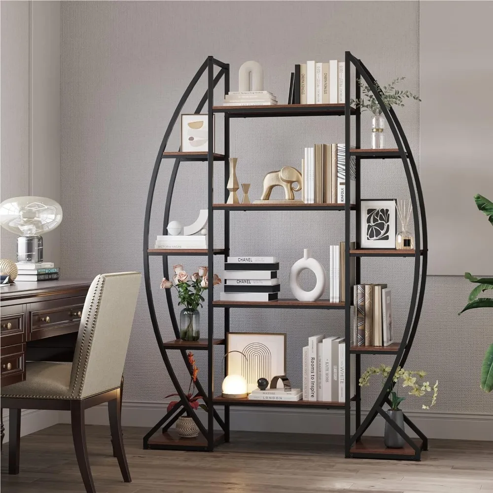 Large Oval Bookshelf, 70“ Tall Open 5 Tier Industrial Bookcases, Modern Etagere Bookcase Furniture, Wall Units for Living Room, 2