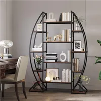 Large Oval Bookshelf, 70“ Tall Open 5 Tier Industrial Bookcases, Modern Etagere Bookcase Furniture, Wall Units for Living Room, 2
