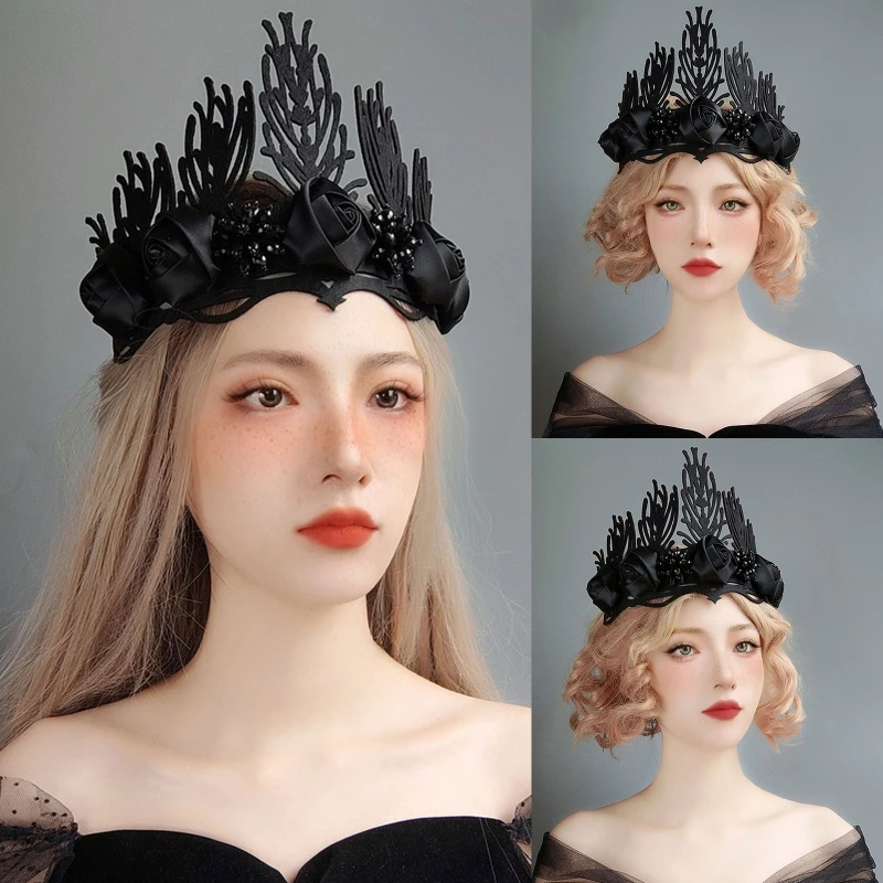 

Black Witch Headband Devil Death Flowers Head Crown Headwear Tiara Headdress Halloween Ball Accessories for Female