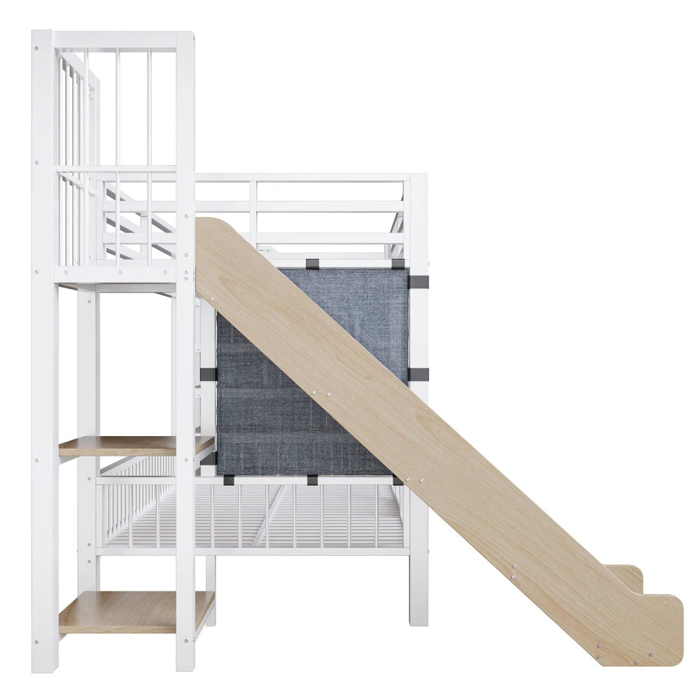 90*200cm Metal Bed for Children, with Slide and Storage Staircase, Bunk Bed with Protective Lattice Door, Integrated Shelves