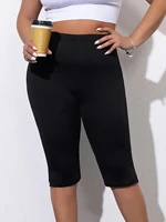 Curvy Plus Size Women's Skinny Capri with Side Split Mid PantsSolid Color Elastic Leggings Fashion Casual Summer Knit Trousers - Image 2