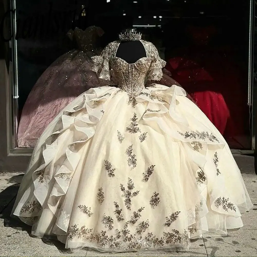 

Champagne Sweetheart Ruffles Quinceanera Dresses Ball Gown With Jacket Appliques Lace Sweet 15 Birthday