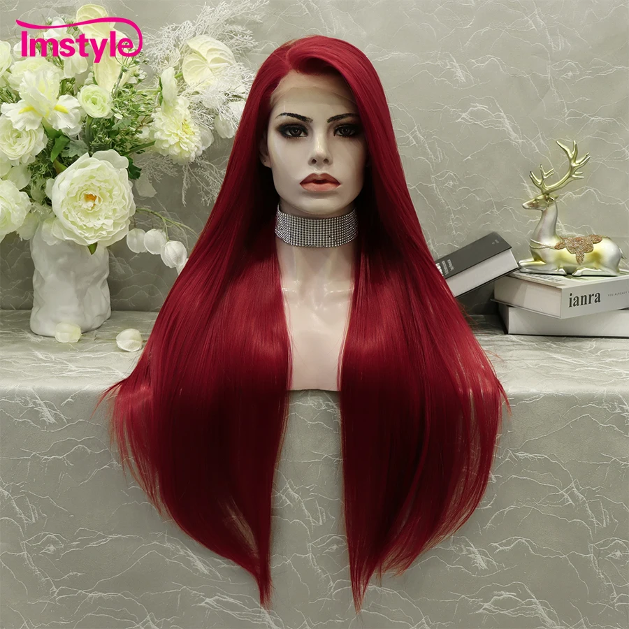 Imstyle Red Lace Wig Synthetic Lace Front Wig For Women Long Straight Wig Free Part Glueless Heat Resistant Fiber Cosplay Wig