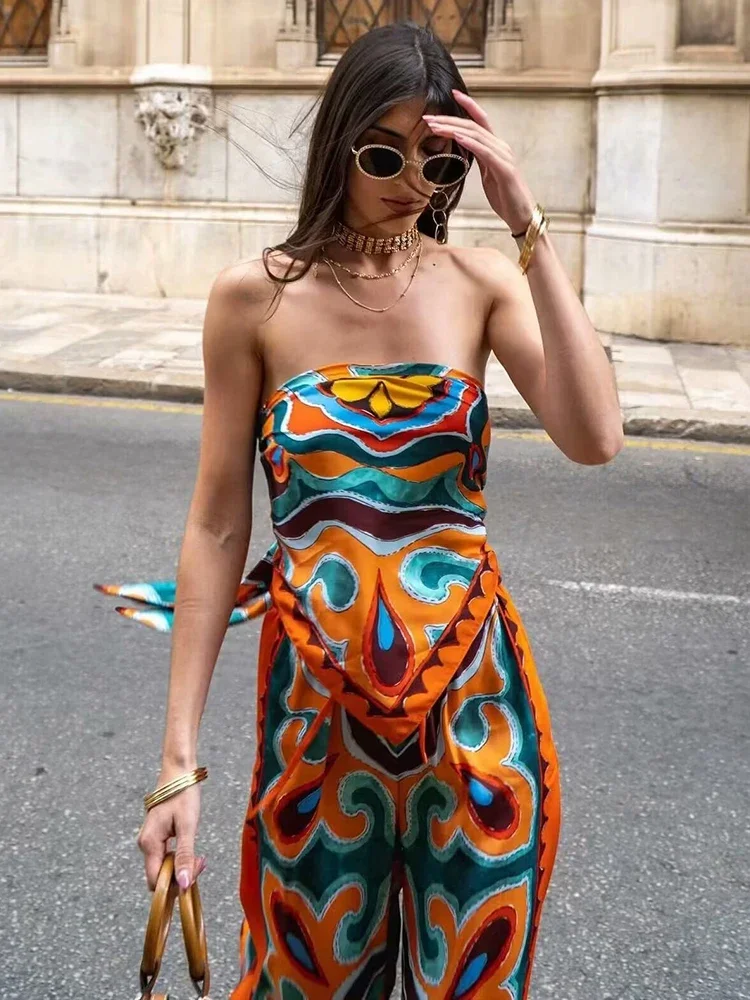 Vintage Women Loose Boho Two Piece Set 2024 Summer Fashion Ladies Vocation Satin Pant Sets Chic Female Trouser Suit Outfits