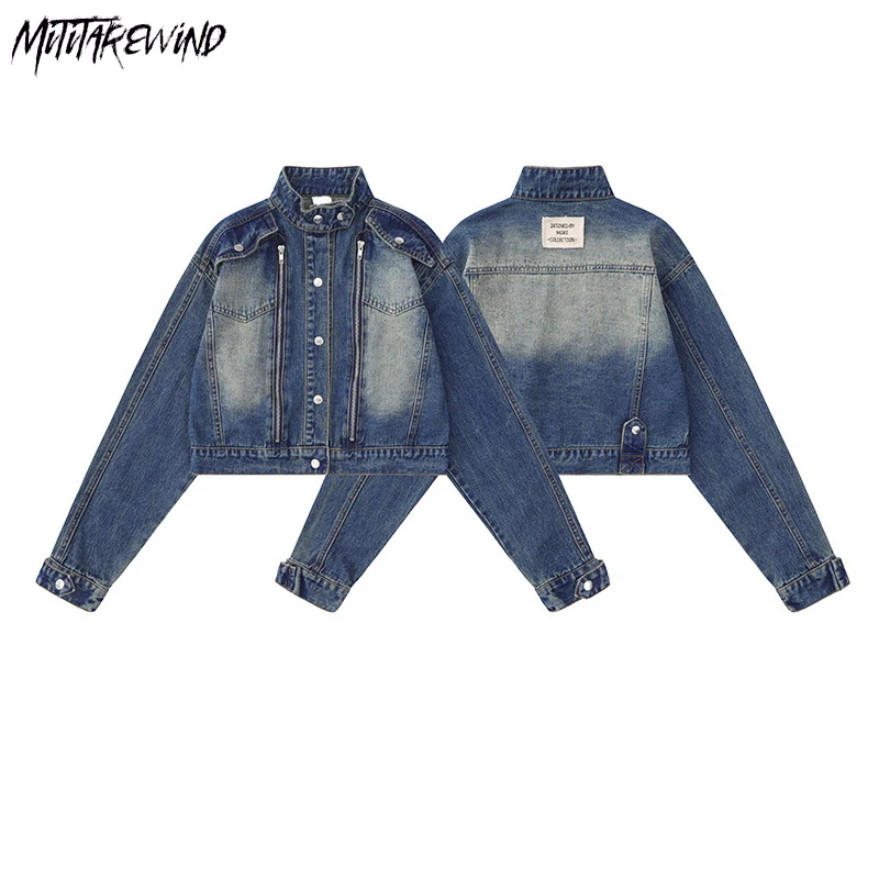 

Vintage Motor Biker Streetwear Jackets Couple Long Sleeve Denim Shorts Casual Washed Stand Collar Jeans High Street New Coats