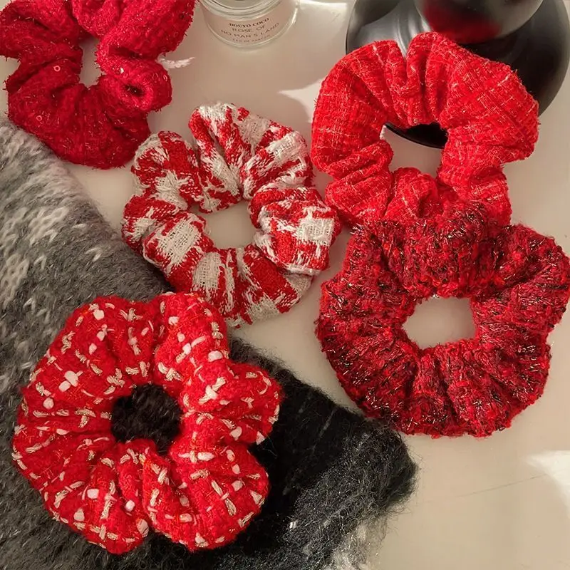 Crimson Elastic Hair Scrunchies Set - Stylish Winter Fashion Accessory