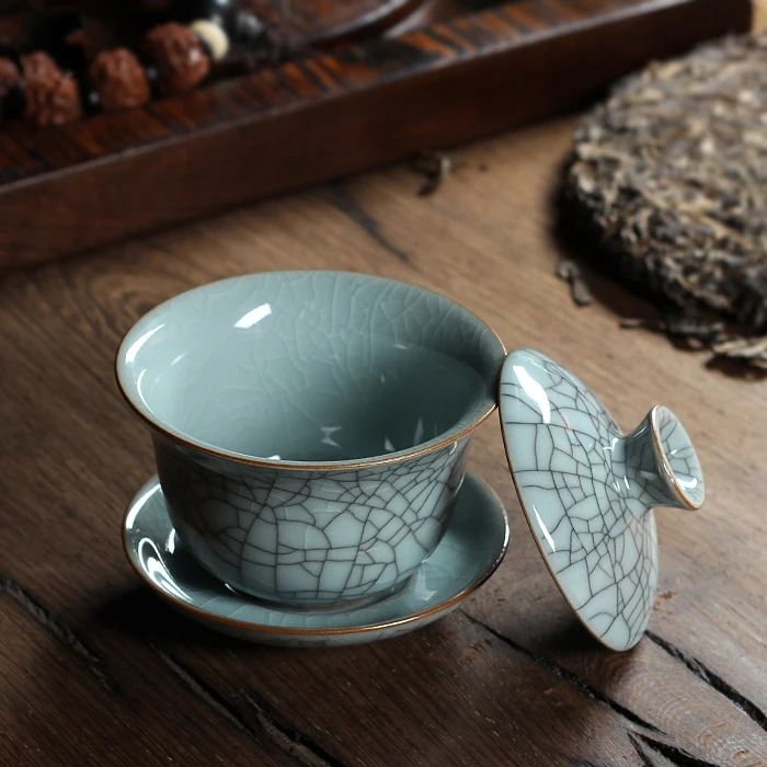 [GRANDNESS] Chinese Ge Kiln Longquan Celadon Porcelain Gaiwan China Teacups and Tea Bowl Ceramic 155ml Crackle Glaze Tea Pot