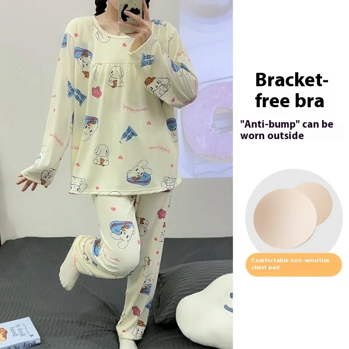 Pigiama da donna primaverile-autunnale con cuscino per il petto in corteccia rugosa, stile principessa, dolce e carino, indossabile all'esterno_voghion.com