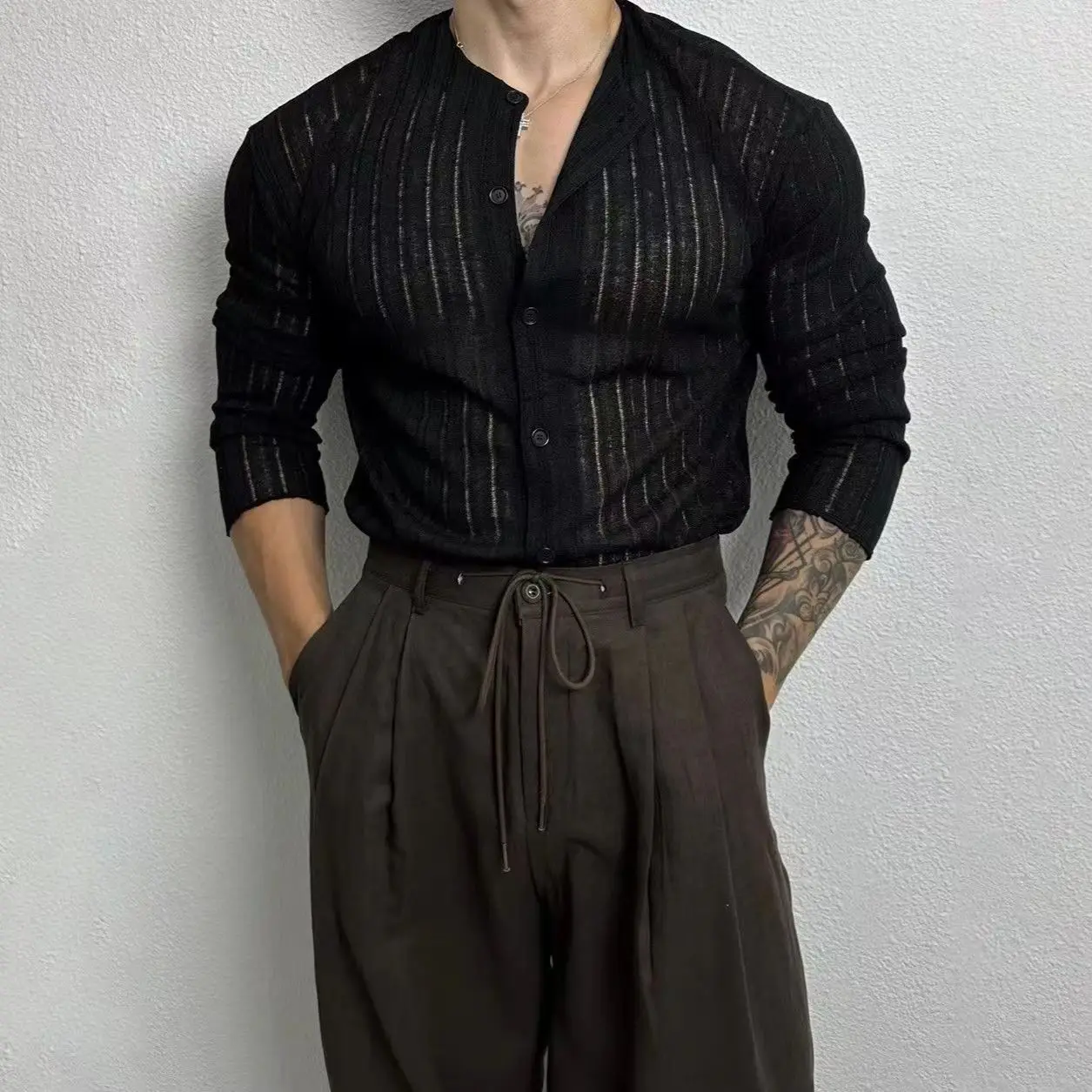 Large Size Men's Shirt V-neck Sexy Knitted Cardigan Solid Color Long Sleeve Hollow POLO Shirt Male Top