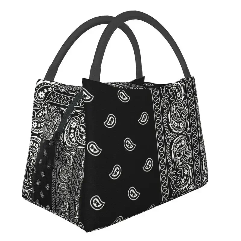 

Black And White Paisley Chicano Bandana Style Thermal Insulated Lunch Bags Women Black And White Portable Lunch Meal Food Box