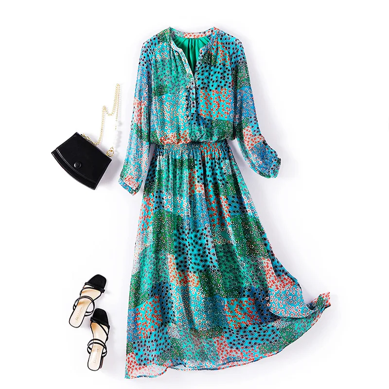 

Natural Silk Dress for Women, Half Open Collar, Slim Elastic Waist, Mulberry Silk Dress, Printing Midi Dress, 28035