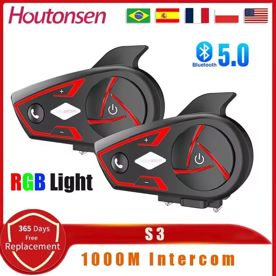 Houtonsen S3 Motorcycle Helmet Bluetooth Headset Intercom 2 Riders 1000M Communicator IP67 Waterproof Music Player Interphones