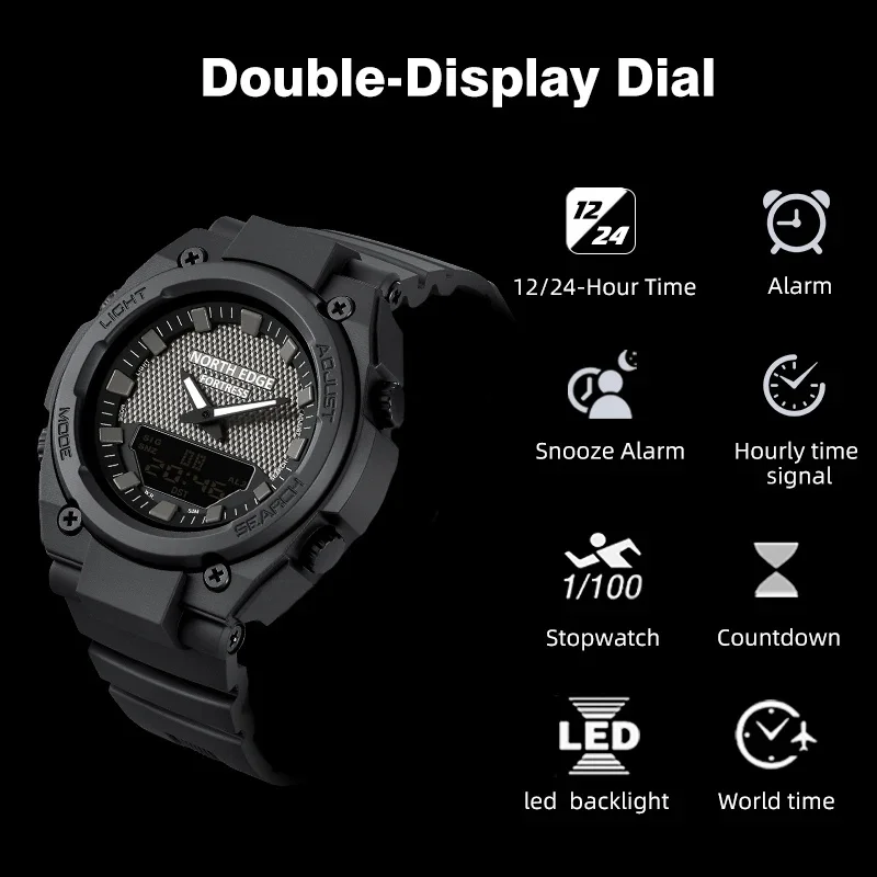 NORTH EDGE FORTRESS Men's Military Digital Outdoor Waterproof Watch with World Time and LED Display