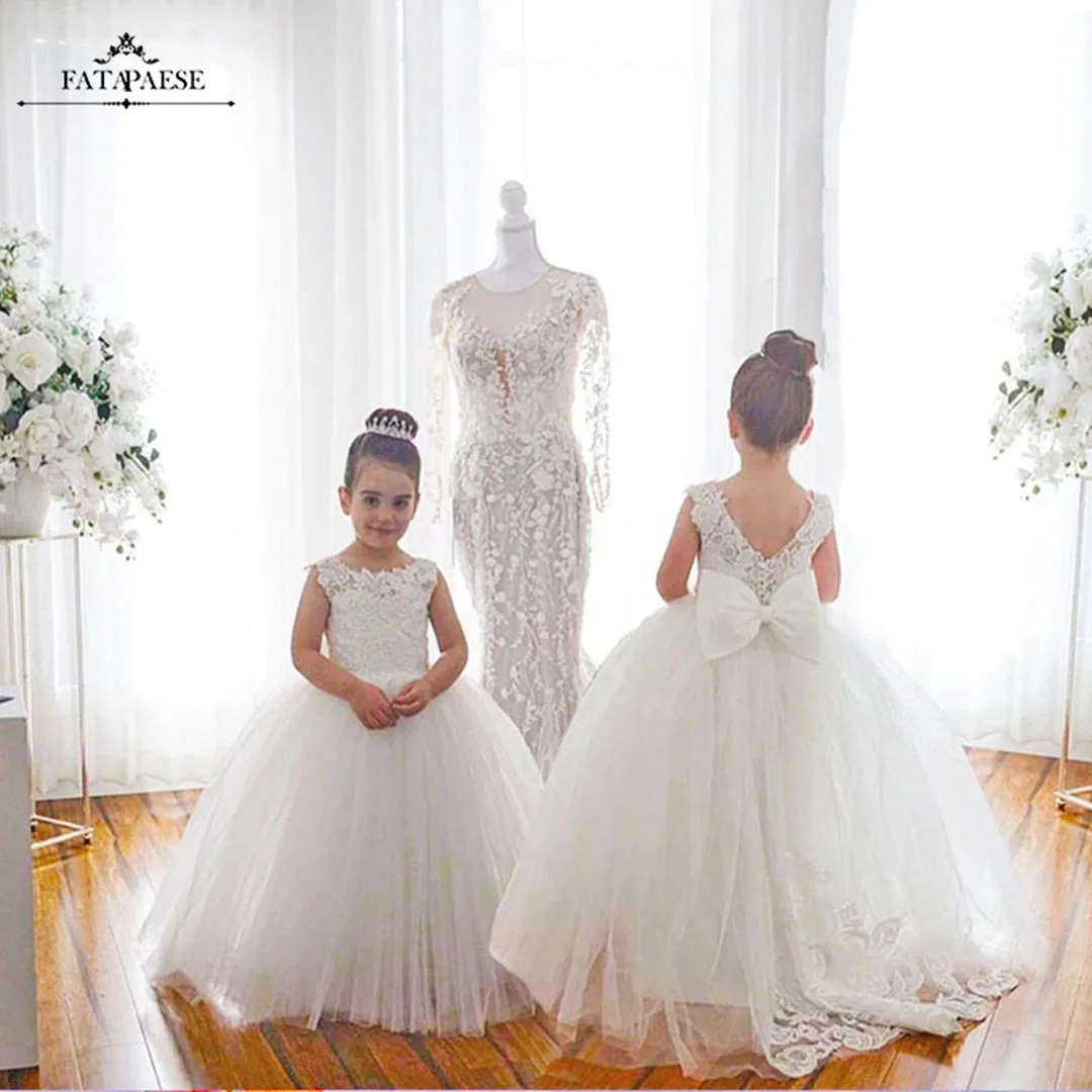 Flower Girl Dresses 3-9 Years Flowers Appqulies Beads Bow Long Train Backless Buttons Wedddding Party for Even Guest Kid Girl Tutu floral appliqu&eacute; dress,girls dresses