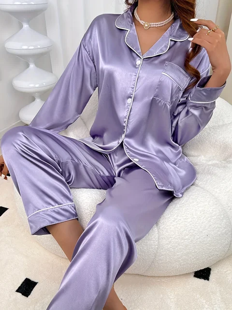 Ladies' autumn and winter solid color imitation silk comfortable and elegant purple pajamas women's long sleeved home suit set