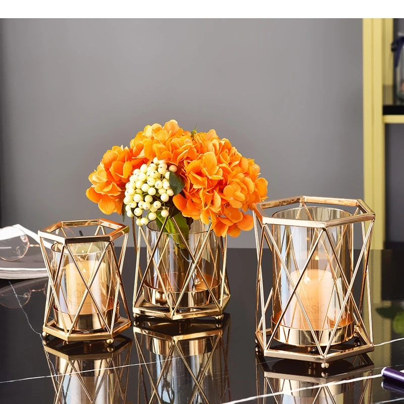 Metal Golden Vase Hexagonal Hydroponic Glass Flowers Pot Decorative Vase/candle Holder Dual-purpose Ornaments Vintage Home Decor - Image 2
