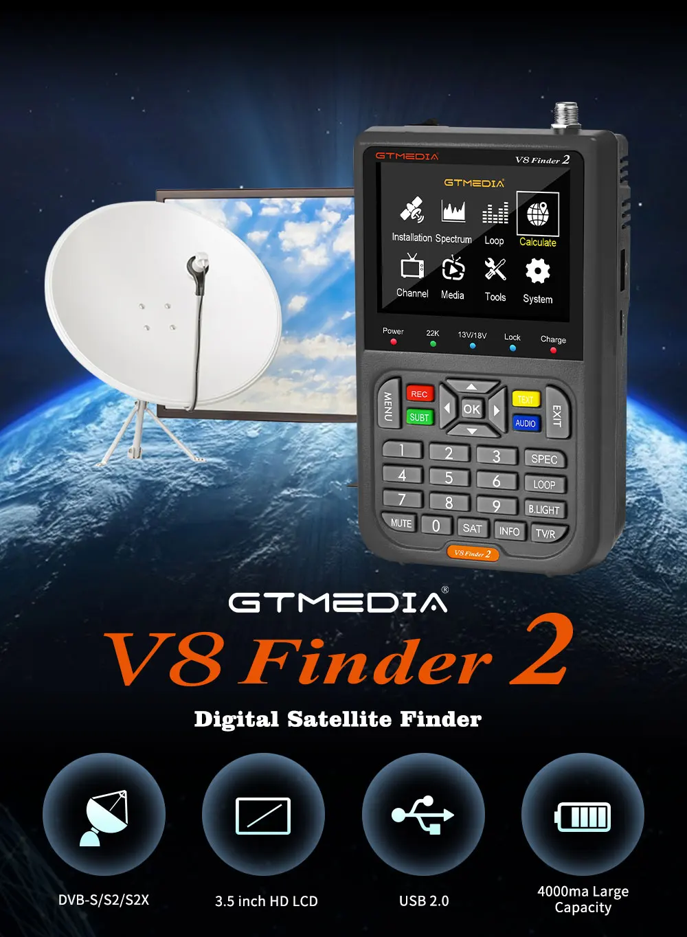 2026 V8 Finder 2 Satellite Finder Meter DVB-S/S2/S2X 3.5 Inch thumbnail 3