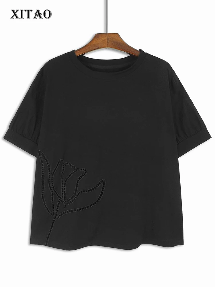 

XITAO Hollow Out O-neck Solid Color T-shirts Pullover Short Sleeve Loose Slimming Tops 2024 Summer New Casual All Match GJ1029
