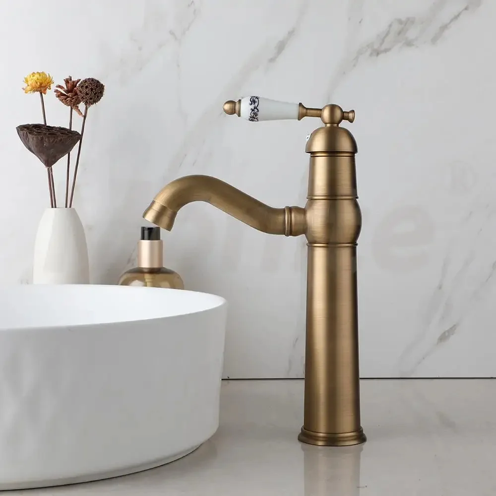 

Antique Brass Swivel Deck Mounted Bathroom Faucet Ceramic Single Handle Brass Basin Sink Kitchen Faucet Mixer Tap