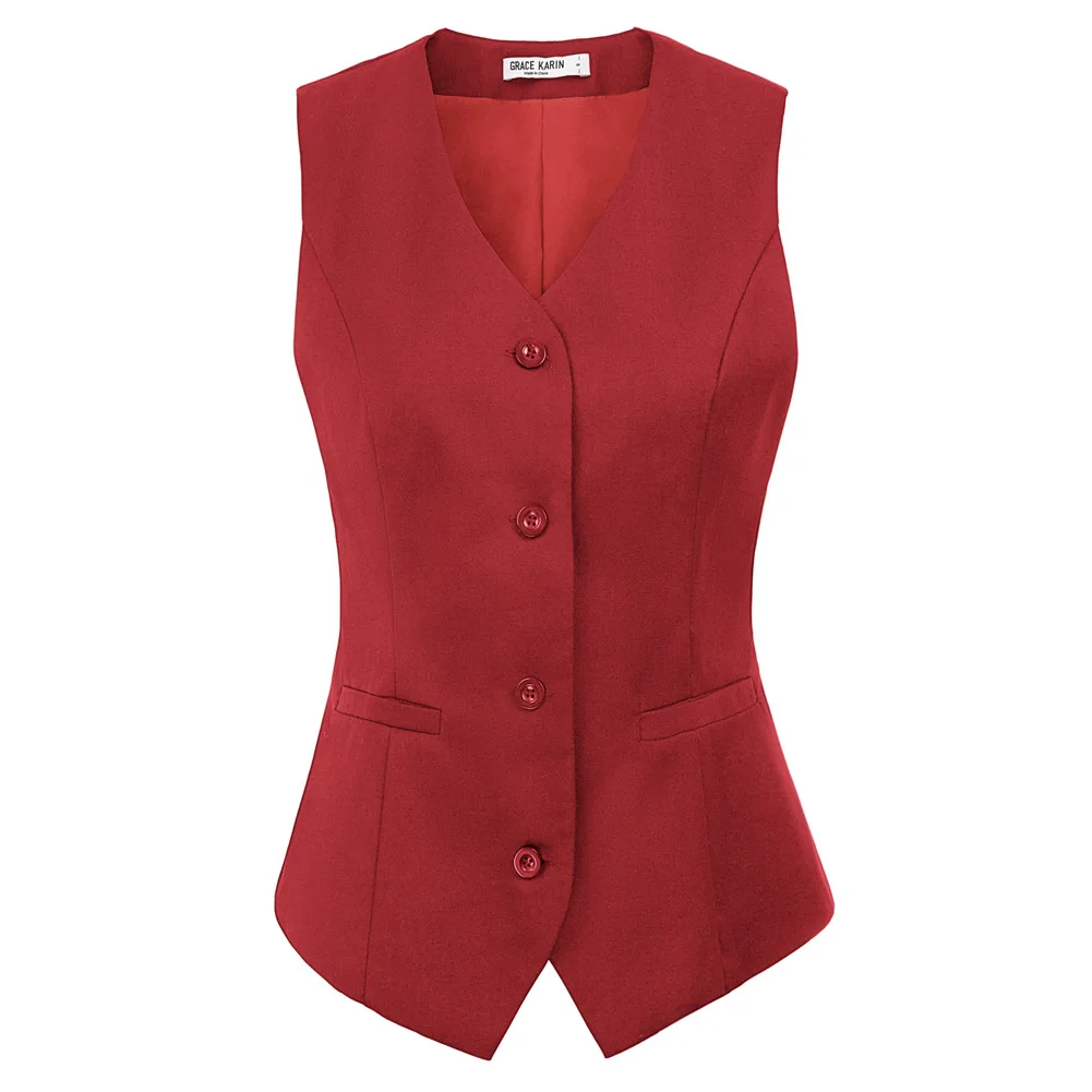 GK Women's Vintage Vest Coat Front Button Sleeveless V-Neck Waistcoat Fashion Solid Handkerchief Hem Retro Female Outerwear Tops