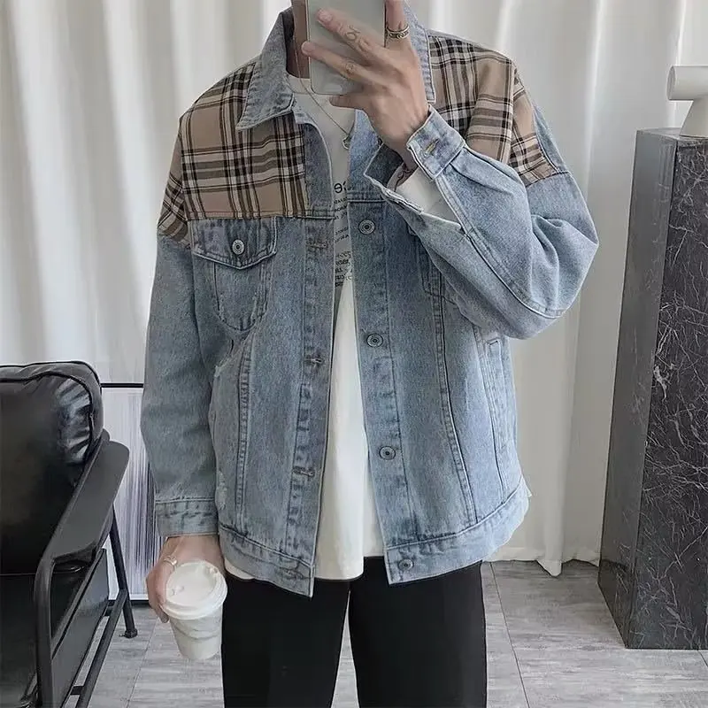Spring, Autumn Winter Plaid Patchwork Denim Jacket Men's Fashion Ins Loose Jacket Korean Style  Brand Mid-Ancient Distressed