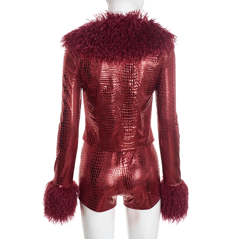 2-teiliges Damen-Set, elegantes Kunstfell-Patchwork-geprägtes Langarm-Crop-Top und figurbetonte Shorts, zweiteilige passende Sets – Detail 11