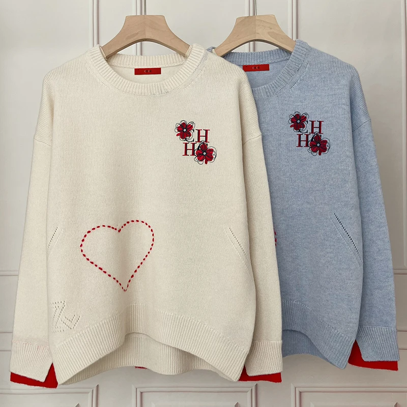 

Senior Women Pullover Classic Fashion Autumn Winter Warm Lady Sweater Luxury Embroidery Vintage Comfortable Office Female Tops