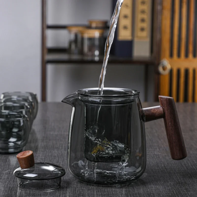 Glass Teapot Wood Handle Chinese Tea Ceremony Transparent Teawear Set Cup Filter High Boron Silicon Janpanese Pot