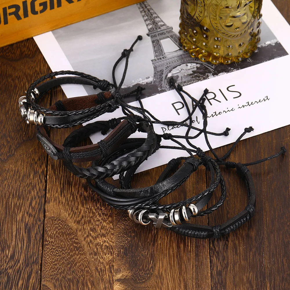 Men Fashion Multi-layer Viking Woven Skull Hand Adjustable Leather Bracelet Set Gifts