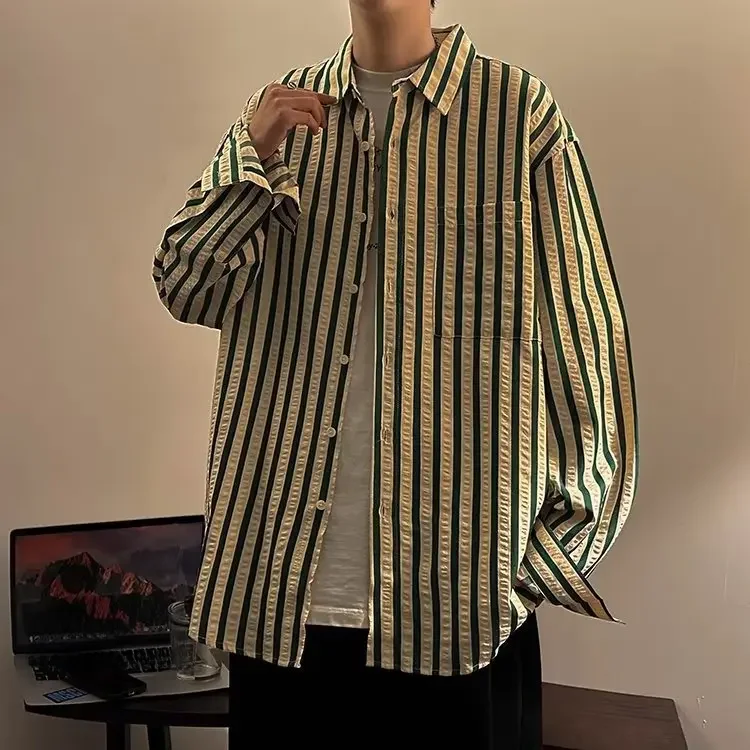 Men Artistic Daily Style Spring Fashion Lazy Long Sleeve Shirt Trendy Harajuku Casual Loose Stripe Pattern