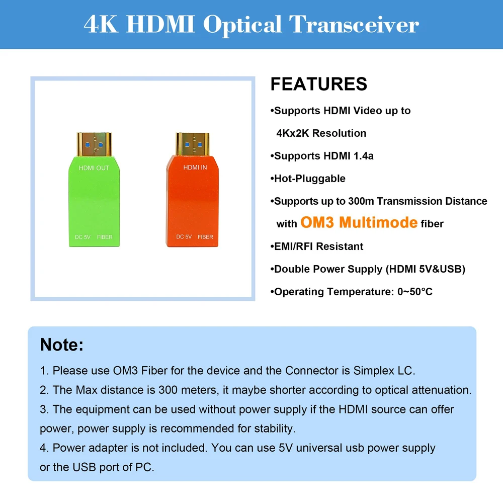 LC 커넥터가 있는 다중 모드 단일 코어 OM3 광섬유 트랜시버를 통한 미니 4K HDMI 비디오 익스텐더 HDMI 1.4/2.0 최대 300M