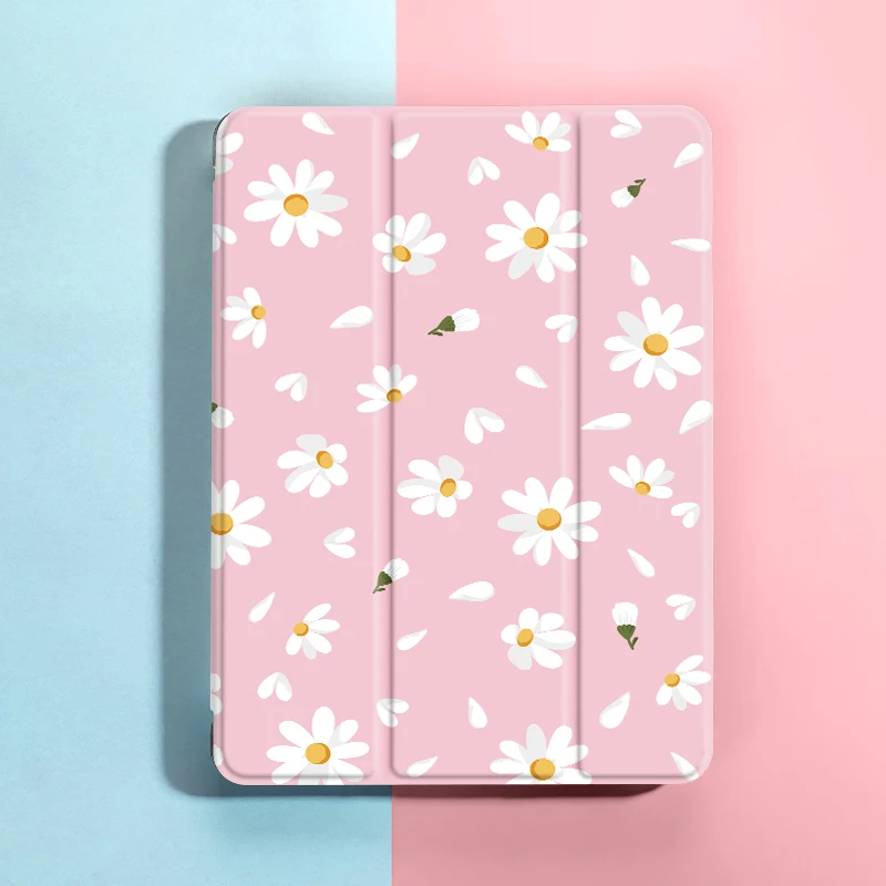 Floral Design iPad Protective Case with Pencil Holder and Auto Wake/Sleep Function