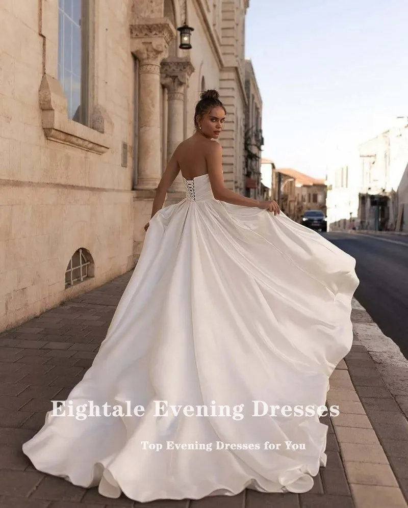 Eightale Princess Wedding Dress V-Neck Satin A-Line Customized White Ivory Side Slit Bridal Gown Vestido De Noiva 2