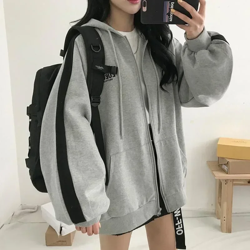여성용 한국 패션 집업 후디, 긴 소매 루즈 플리스 코트, 하라주쿠 스트리트웨어, 지퍼 후드, Y2k, 2023 가을