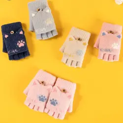 Gloves Cotton Half Finger Cat Ears Windproof Women Flip Gloves Autumn Winter Gloves Outdoor Gloves Kids Knitted Gloves