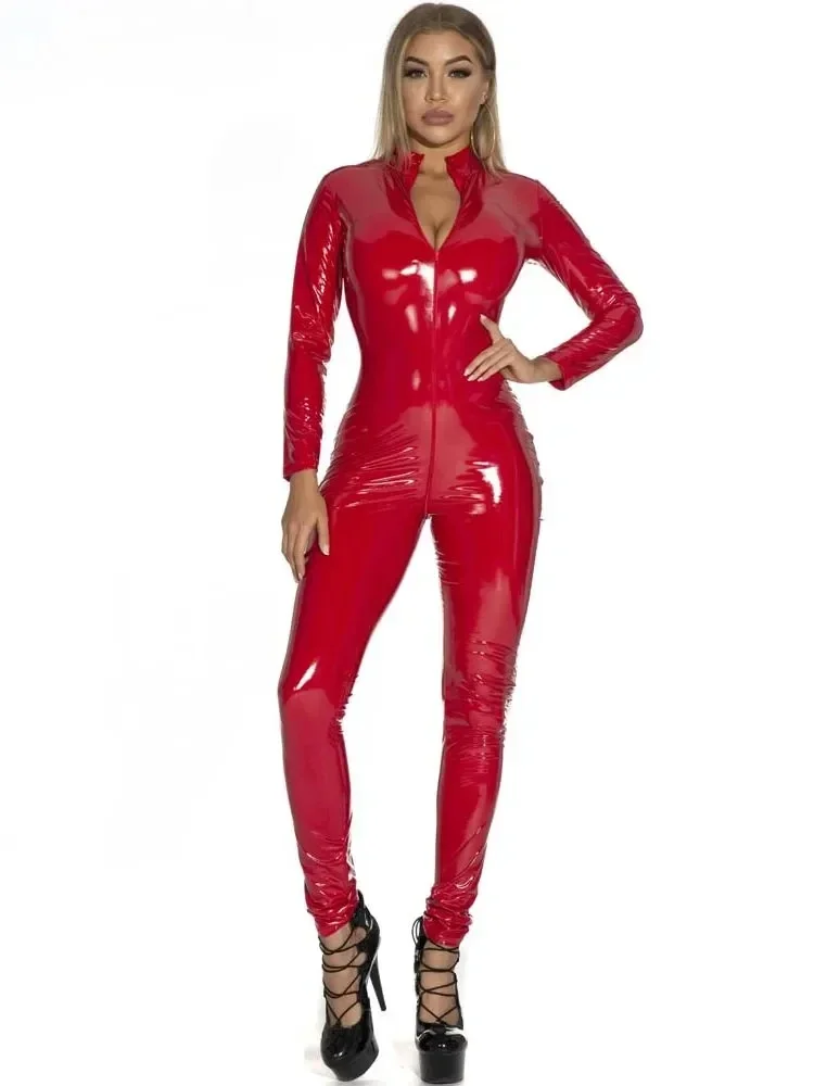 Sexy Hot Wet Look PVC Catsuit Shiny PU Leather Long Sleeve Two Way Zipper Open Crotch Bodysuit Tights Cosplay Conjoined 2024 New
