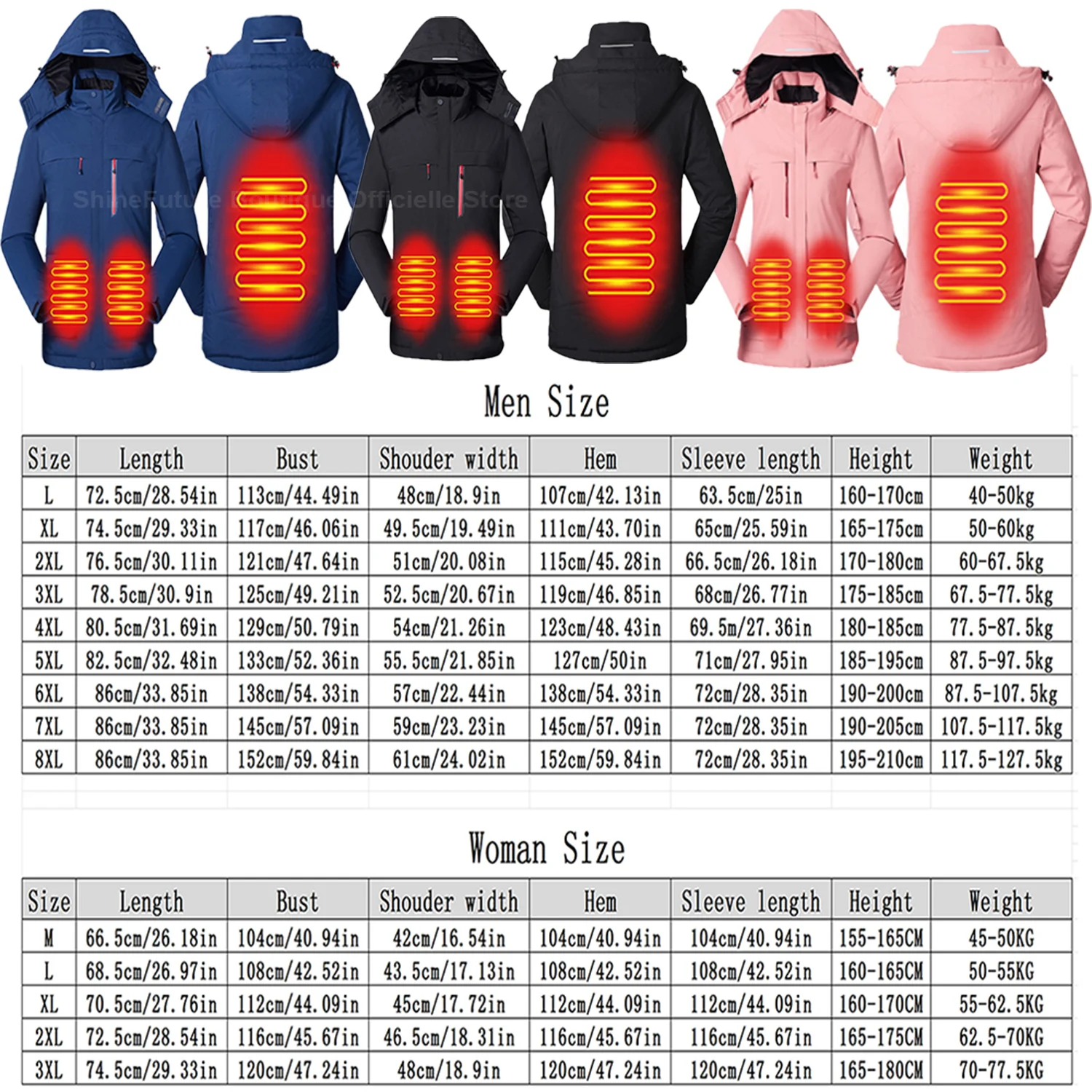 Waterproof jacket waterproof raincoat heated jacket waterproof coats men heated jacket USB electric heating jacket for women winter warm windbreaker waterproof windproof hooded heated clothing