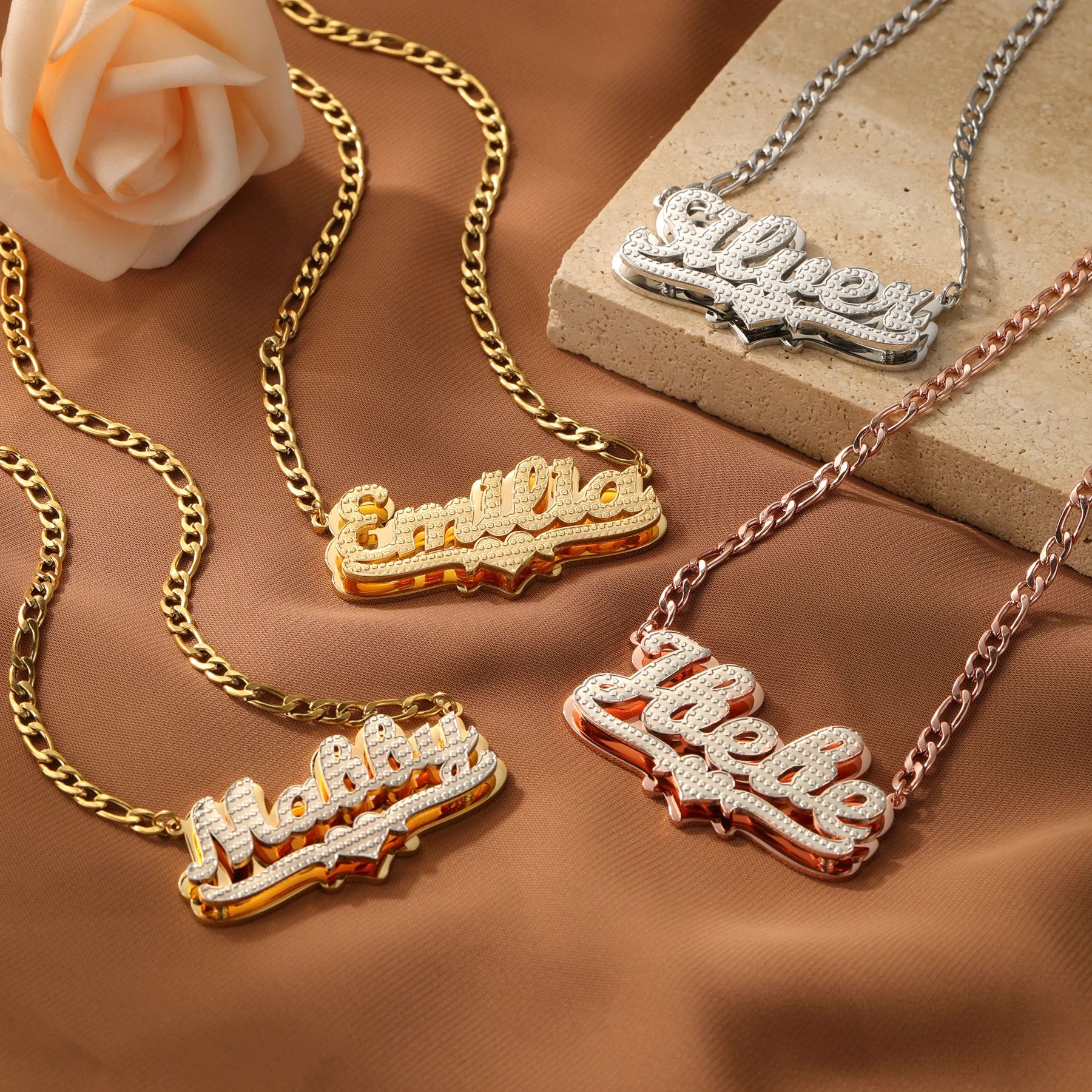 3D Custom Nameplate Necklace 18K Gold Plated Double Layer Two-Tone
