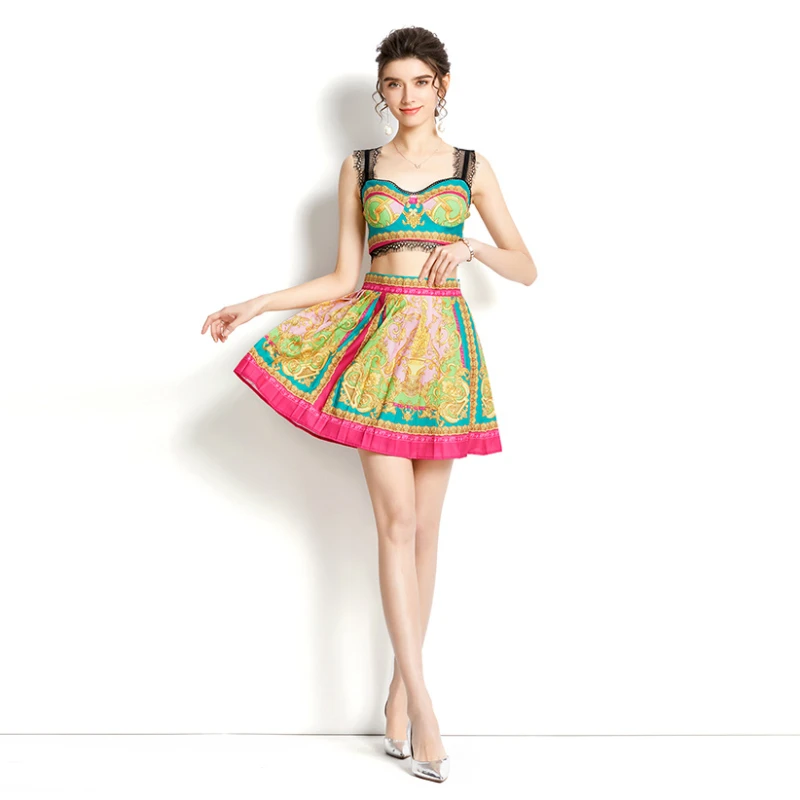 

Women Clothing for Party 2022 New Spring/summer Holiday Print Polyester Casual A-LINE Camisole Pleated Skirt Lace Tank Top Set