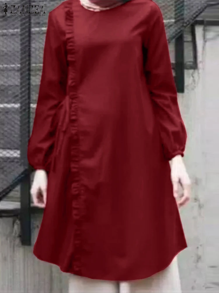 

Длинные мусульманские топы, Женская Осенняя блузка с длинным рукавом и круглым вырезом, рабочая женская рубашка ZANZEA, Турция, Дубай, Abaya, кафтан, свободная изящная одежда