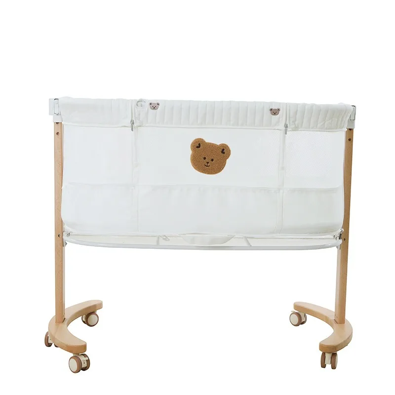 Bear wooden bed Portable movable crib Foldable height adjustable spliced baby cradle bed