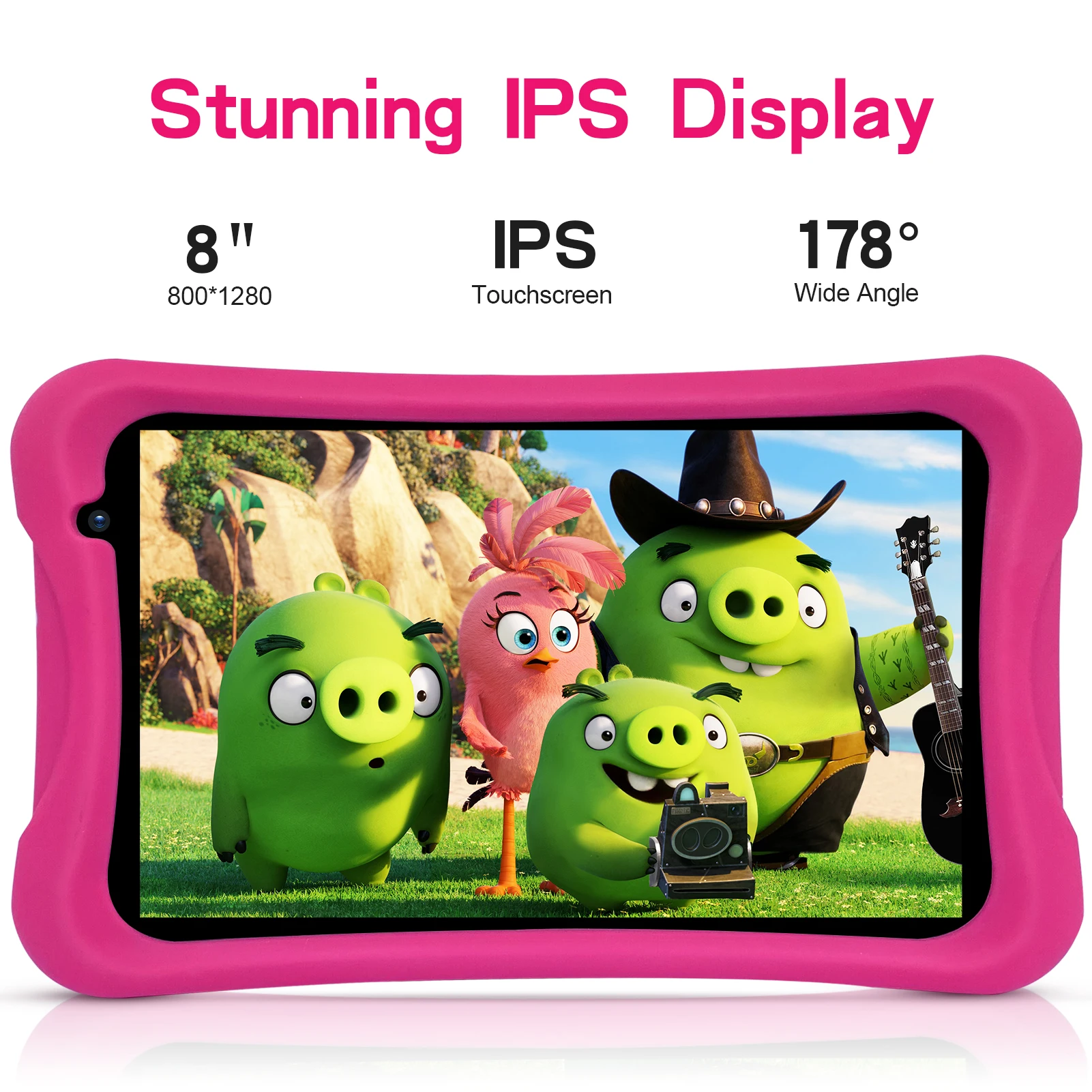 PRITOM 8 인치 어린이 태블릿, 안드로이드 13 고 쿼드 코어 프로세서, 4GB(2 + 2 가상) RAM, 64GB ROM, 8.0 MP 후면 카메라, 보호 케이스 포함
