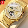 OLEVS Diamond Automatic Men Watches Sanding Steel Strap Skeleton Flywheel Mechanical Wristwatch Moon phase Chrono watche for man