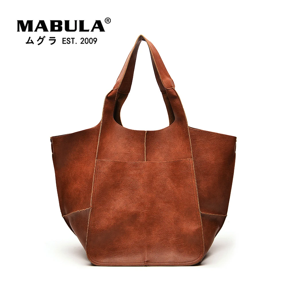 Vintage Large Women Tote Bag Multi Pockets Leather Foldable Shopping Bag  Casual Portable Business Bags