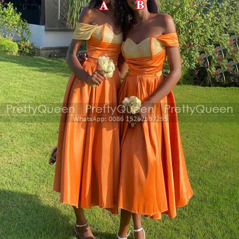

Pleat A Line Bridesmaid Dresses Tea Length Off Shoulder High Waist Short Sleeves Wedding Party Dress Maid Of Honor For Women